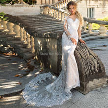 Vestido de noiva rendado com mangas compridas, vestido de noiva com cauda e apliques 2024 - compre barato