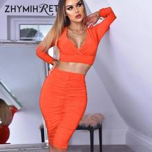 ZHYMIHRET Autumn V Neck Crop Top And Ruched Skirt Two Piece Set Dress Women Long Sleeve Top Sexy Party High Waist Midi Skirt Set 2024 - buy cheap