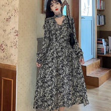 Korean 2021 Autumn Floral Dress Women Vintage V-Neck Evening Party Midi Dress Female Long Sleeve Fairy Elegant One Piece Dress 2024 - buy cheap