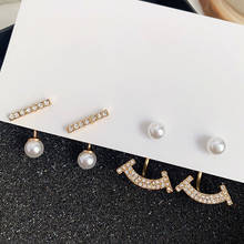 Korean Fashion Imitation Pearl Back Hanging Full Crystal Bar Stud Earrings for Women Accessories Elegant Wedding Jewelry 2024 - buy cheap