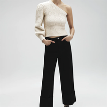 TRAF Women 2021 Fashion Asymmetric Cable-Knit Sweater Vintage Crew Neck Lantern Sleeve Female Pullovers Streetwear 2024 - buy cheap