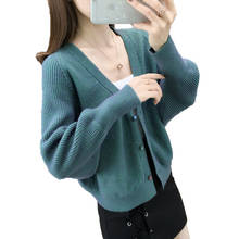 Женский трикотажный кардиган с длинным рукавом, зеленый или синий однотонный Повседневный свободный короткий свитер с V-образным вырезом, Осень-зима 2020 2024 - купить недорого
