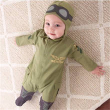 Traje de piloto de la Fuerza Aérea para bebés, Pelele de manga larga verde del ejército con sombrero, ropa para niños pequeños, monos para recién nacidos de 9 a 18M 2024 - compra barato