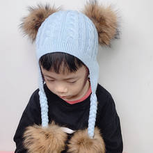 Pompom Chapéu Do Bebê Com Orelhas de Pele Real Rabo de Cavalo Gorro Earflap Tampão Do Inverno Chapéus De Lã de Malha Para Crianças Criança Skullies Gorros 2024 - compre barato