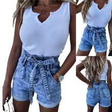 Women Summer Denim Shorts High Waist Bandage Jeans Shorts Folded Hem Regular Short XS-XL 2024 - buy cheap