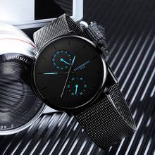 Мужские кварцевые часы Relojes Hombre с синим указателем, повседневные модные наручные часы из нержавеющей стали с сетчатым ремешком, ультра тонкие подарочные деловые наручные часы 2024 - купить недорого