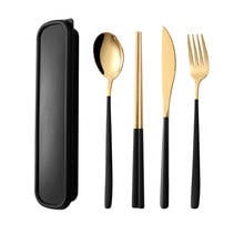 4Pcs/set Portable Cutlery Kit 304 Stainless Steel Gold Picnic Dinnerware Set Knife Fork TravelTableware Chopsticks with Gift Box 2024 - buy cheap