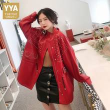 Fashion Women Loose Fit Sheepskin Rivets Studded Jacket Red Punk Long Windbreaker Coat Ladies Oversized Genuine Leather Jacket 2024 - buy cheap