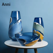 Креативная американская стеклянная ваза цвета синего океана, абстрактная живопись, декоративные вазы для цветов, офисный книжный шкаф, растительный орнамент, украшение для дома 2024 - купить недорого