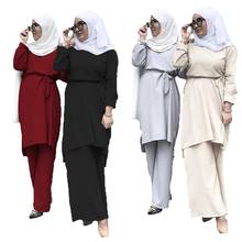 Abaya musulmana turca para mujer, Tops de manga larga, blusa, pantalones de pierna ancha, ropa islámica de Color sólido, conjuntos árabes, traje informal de otoño 2019 2024 - compra barato