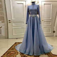 Gray Muslim Evening Dresses A-line High Collar Long Sleeves Crystals Dubai Saudi Arabia Long Prom Dress Gown Robe De Soiree 2024 - buy cheap