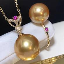 D419 Pearl Set Fine Jewelry Solid 18K Gold Round 8-12mm Natural Ocean Sea Water Golden Pearls Jewelry Sets for Women 2024 - buy cheap