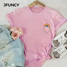 JFUNCY Rainbow Pocket Print Plus Size Short Sleeve Woman Tshirts Women T Shirt Casual Loose T-shirt Summer Tees 100% Cotton Tops 2024 - buy cheap