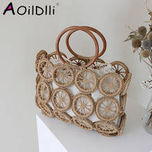 vintage hollow straw bags for women designer wooden handle rope woven handbags rattan summer beach large totes lady bali purses 2024 - buy cheap