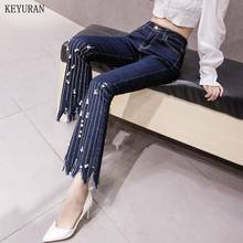 Mom luxurious Rhinestone Beading Tassel Chain Flare Jeans Women High Waist Female Slim Button Stretch Denim Ankle-Length Pants 2024 - buy cheap