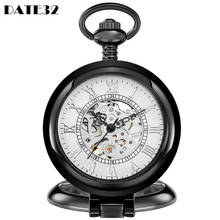 Classic Mechanical Pocket Watch Skeleton Roman Numerals Dial Stand On Table Black White Fob Chain Clock for Men Dropshipping 2024 - buy cheap