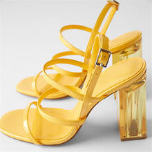 Sandalias de tacón alto para mujer, zapatos de tacón de cristal, color amarillo limón, a la moda, para verano 2024 - compra barato