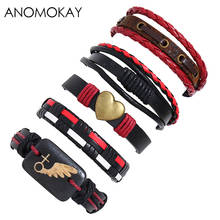5 Pcs/Set Anomokay Punk Series Handwork Weave Leather Strap Bracelet Heart Decoration Vintage Bracelet for Men Casual Gift 2024 - buy cheap
