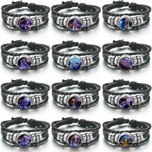 12 Constellation Zodiac Sign Black Braided Leather Bracelet Cancer Leo Virgo Libra Woven Glass Dome Jewelry Punk Men Bracelet 2024 - buy cheap