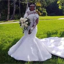 African Plus Size Mermaid Wedding Dresses High Neck Long Sleeves Appliques Beaded Wedding Dress Indonesia Vestido De Noiva 2024 - buy cheap