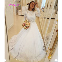 Lindo vestido de noiva com mangas compridas e laço, lindo vestido de noiva muçulmano com pérolas e faixa de laço 2024 - compre barato