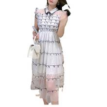 PERHAPS U Summer Sweet White Chiffon Mesh Ruffle Striped Turn-Down Collar Sleeveless Mid-Calf Dress D3998 2024 - buy cheap