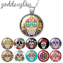 Punk Fashion Rose Skull flowers patterns Round Glass glass cabochon silver plated/Crystal pendant necklace jewelry for Gift 2024 - buy cheap