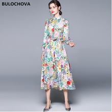 2021 Newest Spring Vintage Print Women Stand Neck Lantern Sleeve Lacing Long Dress Large Size Runway A Line Vestido Female M-XXL 2024 - buy cheap