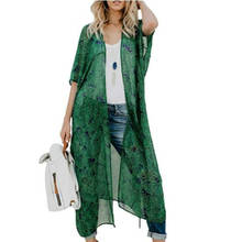 Женское шифоновое кимоно, свободный длинный кардиган с принтом в виде отвесных листьев, Пляжная накидка, топы, блузки в богемном стиле 2024 - купить недорого