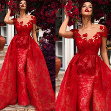 Short Sleeve Red Lace Evening Dresses 2021 Mermaid Prom Dress Long Appliqué Detachable Train Elegant Evening Gown Robe De Soiree 2024 - buy cheap