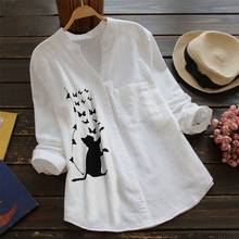 Blusa feminina elegante de outono, camisa de algodão de linho casual com estampa de gato, camisa de manga comprida, blusa feminina vintage 2024 - compre barato