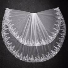 Nuoxifang véu de noiva curto com pente, aplique com borda, véu de noiva de tule, duas camadas, comprimento do cotovelo, acessórios de casamento 2019 2024 - compre barato