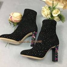 Colorful Crystal Diamond Heel Dress Booties Square High Heel Round Toe Slip On Suede Winter Women Boots Flock Custom Made Shoes 2024 - buy cheap