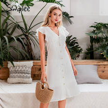 Simplee Sexy v-neck white dress Ruffled buttons high wasit women maxi dress Summer work wear office casual holiday dress 2020 2024 - buy cheap