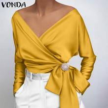 2021 женская блузка VONDA, элегантные однотонные топы с V-образным вырезом, сексуальные офисные стильные рубашки, весенние богемные блузки с длинным рукавом 2024 - купить недорого