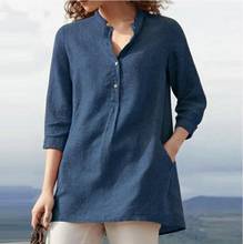 Блузка женская с карманами, из хлопка и льна, с рукавом 2020 2024 - купить недорого