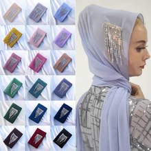 Enfeite de chapéu para mulheres estiloso e brilhante decoração de franjas longas estilo dubai e strass hijab de cor sólida com turbante 2024 - compre barato