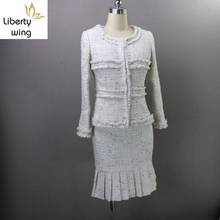 New Women Tweed Jacket Wrap Pleated Skirt Office Work Outfits Suit White Spliced Runway Slim Fit Ladies Party Two Piece Set 2024 - buy cheap