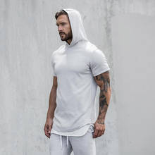 Camiseta esportiva masculina de algodão, manga curta com capuz, camiseta esportiva de corrida, musculação, fitness, camisa slim fit para academia 2024 - compre barato