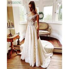 Ivory Lace Scoop Tulle Satin  Sleeveless Floor-Length A-Line Wedding Dresses Chapel Train Custom Made 2024 - buy cheap