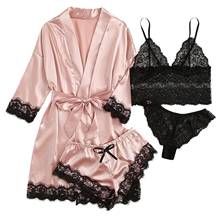 Conjunto de pijamas femininos, 4 peças, pijama sexy, cetim, seda, roupa de dormir, liga, lingerie, conjunto, renda, profundo-v, roupa de baixo 2024 - compre barato