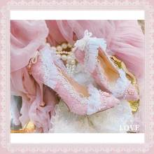 Palace lace pearl high heel  9cm soft girl style retro  shallow mouth pointed women's shoes kawaii shoes cosplay Lolita loli 2024 - buy cheap