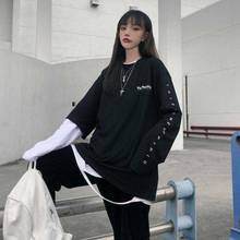 Футболка NiceMix в стиле пэчворк для мужчин и женщин, контрастная свободная уличная одежда с длинным рукавом и графическим принтом, в Корейском стиле Харадзюку 2024 - купить недорого