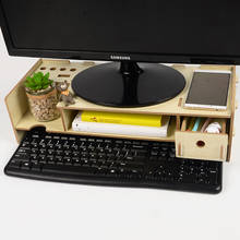 Suporte de monitor de madeira, organizador de mesa para computador com teclado, mouse, espaços para armazenamento de material de escritório, elevação do computador escolar 2024 - compre barato