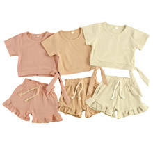 Focusnm verão criança crianças meninas conjuntos de roupas 2 pçs sólido manga curta t camisas babados shorts elásticos 0-3y 2024 - compre barato