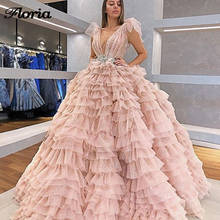 Luxury Puffy Beaded Evening Dress Robe De Soiree Custom Kaftans Women Party Gowns Dubai Chic Pink V Neck Celebrity Prom Dress 2024 - buy cheap