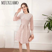 MIUXIMAO 2021 Spring Summer Party Dress Jacquard Flower Long sleeve  Office Lady Pink Casual Dress Women Vestidos With Ruffles 2024 - buy cheap