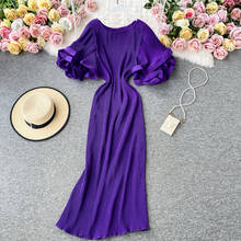 Casual Round Neck Flare Short Sleeve Pleated Long Dress Vintage High Waist Ruffles Female Dresses New Fashion Robe Mujer 2022 2024 - buy cheap