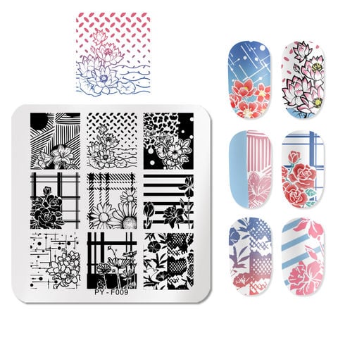 PICT You Square Flower Nail Stamping Plates Stencil Tools Nail Art Stamp Template Design Stainless Steel Image Plate 2022 - buy cheap