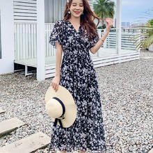 Summer 2021 Runway Elegant Vintage Party Dress Boho Tropical Beach Vacation Dresses Black Red Long Floral Chiffon Women Dresses 2024 - buy cheap